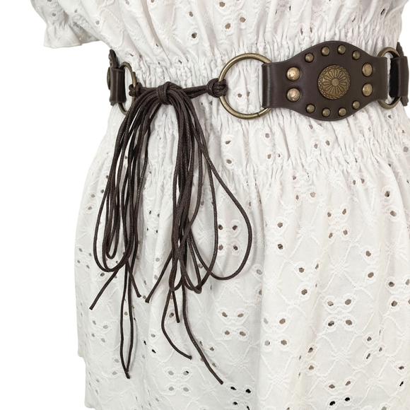 Western brown faux leather concho gold buckle Boho festival studded waist belt - Picture 10 of 15